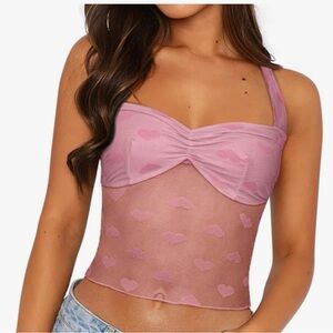 ReoRia Pink Heart Mesh Crop Top